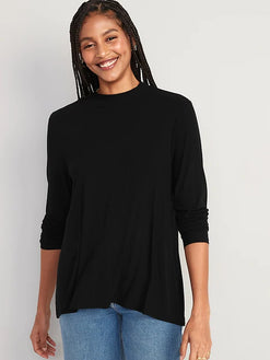 Black Luxe Mock-Neck Rib-Knit Swing T-Shirt
