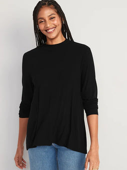 Black Luxe Mock-Neck Rib-Knit Swing T-Shirt