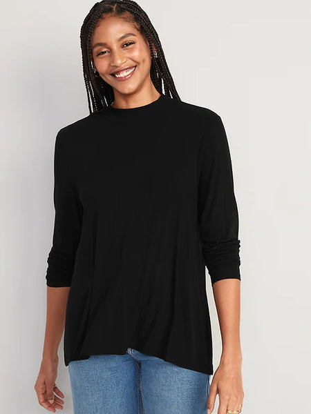 Black Luxe Mock-Neck Rib-Knit Swing T-Shirt
