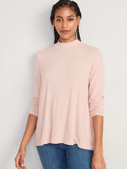 Pink Luxe Mock-Neck Rib-Knit Swing T-Shirt