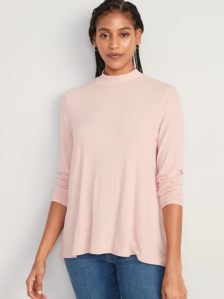 Pink Luxe Mock-Neck Rib-Knit Swing T-Shirt